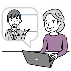 男性講師からオンラインで説明を受けるシニア女性のイラスト素材