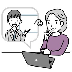 男性講師からオンラインで説明を受けて困るシニア女性のイラスト素材