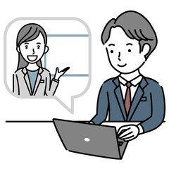女性講師からオンラインで説明を受ける男性のイラスト素材
