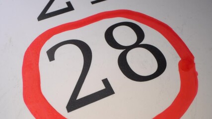 28 Deadline - Marking the date in the calendar with a red marker. The twenty-eight day of the month. The hand circles the date in the calendar with a pen. Number in the red circle close up