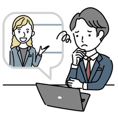 外国人女性講師からオンラインで説明を受けて困る男性のイラスト素材