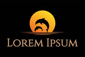 Sunset Sunrise Ocean with Jumping Dolphin Logo Design Vector