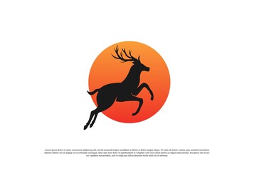 Sunset Sunrise or Moon with Jumping Deer Antler Reindeer Logo Design Vector