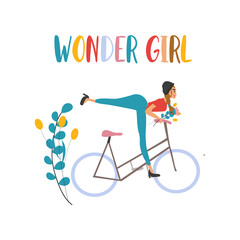 Wonder girl lettering. Summer postcard of a girl riding a bike. Feminism, sport and self-love concept