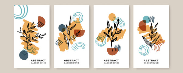 Vector design templates in simple modern style with copy space for text, flowers and leaves - wedding invitation backgrounds and frames, social media stories wallpapers