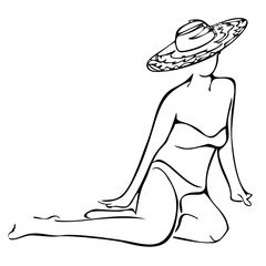 Vector illustration with girl in swimsuit and straw hat. Contour of  sitting woman on white background.