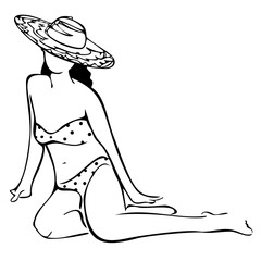 Vector illustration of girl in polka dot swimsuit. Woman in straw hat. Black and white illustration.