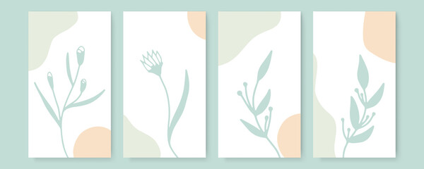 Vector design templates in simple modern style with copy space for text, flowers and leaves - wedding invitation backgrounds and frames, social media stories wallpapers © SyahCreation