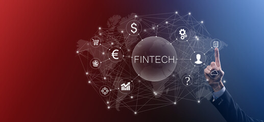 Businessman hold Fintech -financial technology concept.Business investment banking payment. Cryptocurrency investment and digital money. Business concept on virtual screen.