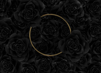 Fototapeta na wymiar 3d rendering of golden circle frame over a lot of black roses. Flat lay of minimal noble style concept