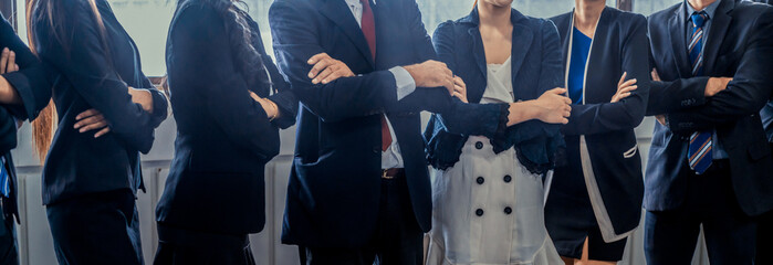 Many business people meeting standing in row with arms crossed and confident. Company organization...
