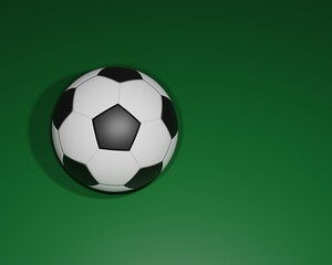 close up of 3d rendering black and white strip football or soccer ball over green background. 3d illustrations
