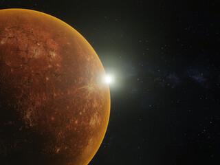 3d rendering view of red planet star with sunrise over space background. 3d illustrations