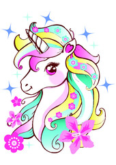 Colored unicorn illustration with flowers, pink, yellow and blue colors.