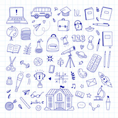 Doodle school illustration set. School clipart vector collection. Hand drawn back to school set