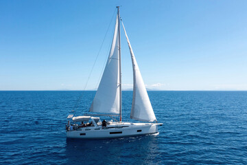 Obraz premium Sailing boat with open white sails, blue sky and rippled sea background