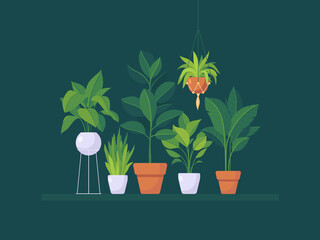 Set of office and home plants for interior decoration. Urban jungle. Cartoon plant pots on green background