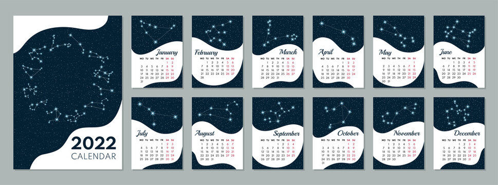 2022 calendar. Calendar concept design with constellation of the zodiac. Week starts on Monday. Vector illustration. Set of 12 calendar pages.