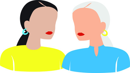 Fototapeta premium Two fashionable girls in yellow and blue t-shirt vector illustration, caucasian fashion model clip art of human, Blonde and brunette sisters