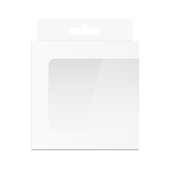 White packaging box with transparent window and hang tab. Realistic blank empty box. Mockup template design. Front view. Retail product package. Vector illustration