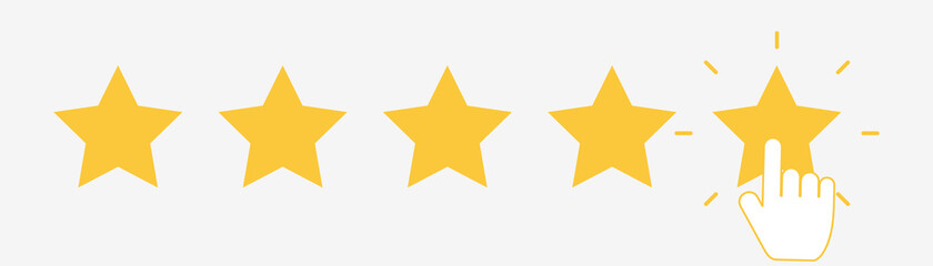 Five stars with clicking hand. Quality rank. Best choice illustration. Hand touching last star. Rating sign. Feedback and review set with simple stars shape. Vector EPS 10