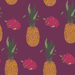 Vector seamless pattern with pineapples and dragon fruits. Ananas and pitaya bright colours design.