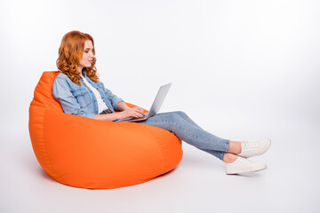 Full length photo of serious focused young woman sit bean bag look laptop blog isolated on grey...