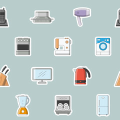 Home machines - Vector color background (seamless pattern) of refrigerator, vacuum, microwave, blender, oven, kettle and other appliances for graphic design