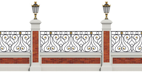 Classic Iron Fence With Red Brick Pillars. Vintage Street Lamps. Wrought Iron Railing. 3D render. Classic Street Lights. Gold Decor. Luxury Modern Architecture. Street. Park. Blacksmithing. Isolated.