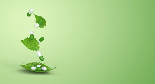 g&eacute;lules et feuilles pour phytoth&eacute;rapie, soins par les plantes - rendu 3D