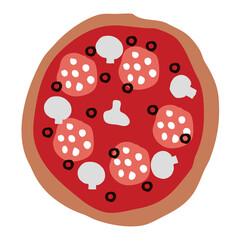 Pizza with mushrooms, sausage and olives hand-drawn in the style of doodle. Vector food, pizza