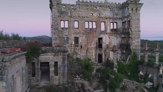 Drone aerial panorama of Termas Radium Hotel Serra da Pena at sunset in Sortelha, Portugal