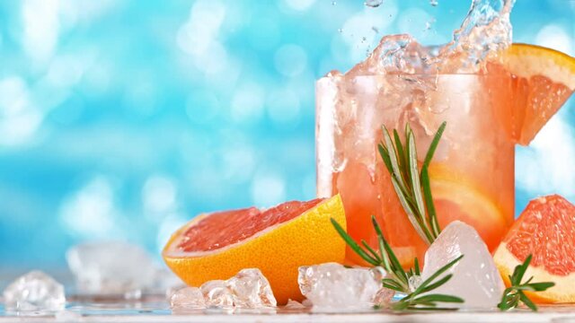 Super slow motion. Ice cube falling into glass of grapefruit gin cocktail with rosemary or home made lemonade with sea surface background. Filmed on high speed cinematic camera at 1000 fps.