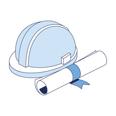 Construction helmet, scroll blueprint. Vector 3d line isometric, color web icons, new flat style. Creative design idea and elements for infographics.