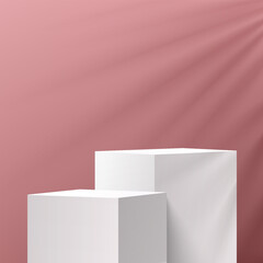 Modern white and gray cube pedestal podium with shadow of green palm leaf. Geometric platform. Abstract pastel pink color minimal wall scene. Vector rendering 3d shape, Product display presentation.