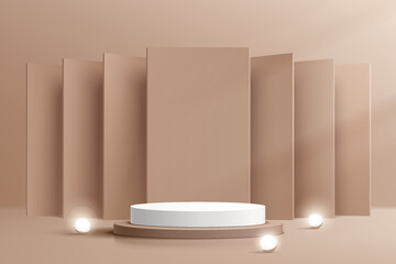 Modern white and brown cylinder pedestal podium with glowing neon sphere ball. Abstract beige color minimal scene. Geometric backdrop in shadow. Vector rendering 3d shape product display presentation. - obrazy, fototapety, plakaty