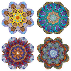 Hand drawn zentangle set of 4 color mandalas for decoration
