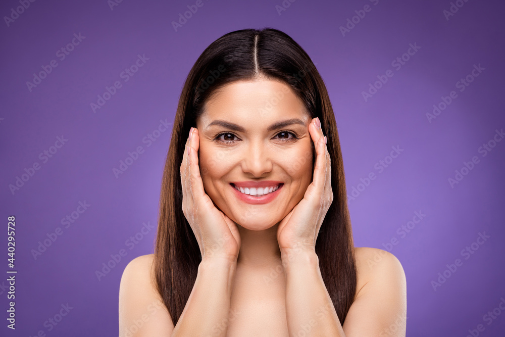 Poster Photo of attractive young charming lady hold hands face skin treatment hydration isolated on purple color background