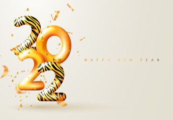 2022 Happy New Year. 3d render gold metallic sign with tiger pattern and flying serpentine. Festive New Year greeting card 2022. Christmas Poster, banner, cover card, brochure, flyer, layout design