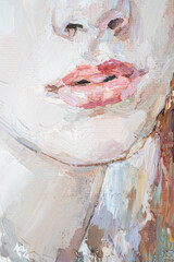 Art painting. Pink female lips. Fragment of portrait of a girl with brown hair is made in a classic style.