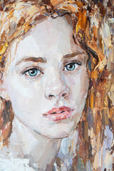 Art painting. Portrait of a girl with red hair is made in a classic style. Background is dark.