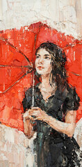 Girl with a red umbrella. Oil painting on canvas.