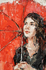 Girl with a red umbrella. Oil painting on canvas.