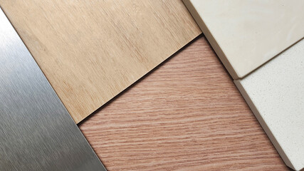 close up interior material board including wooden laminated, oak vinyl flooring tile, beige...