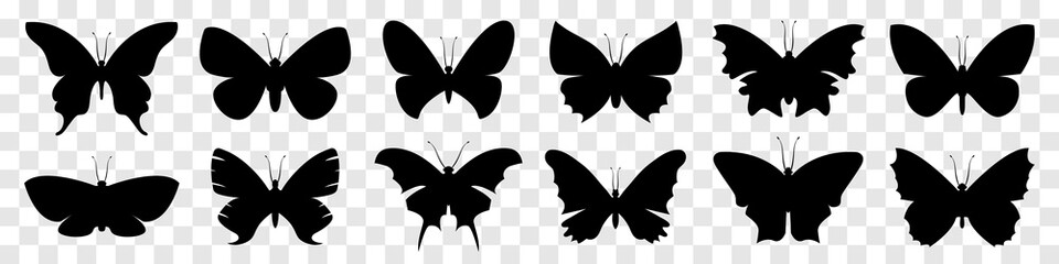 Different butterfly silhouettes isolated on transparent background. Vector elements for decor and design - obrazy, fototapety, plakaty