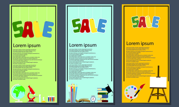 Back to school sale letterings set, easel, alarm clock, loupe. Offer or sale advertising design. For leaflets, brochures, invitations, posters or banners.