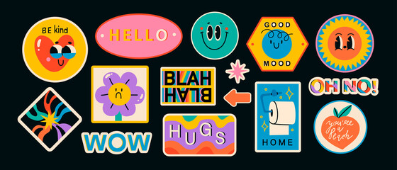 Set of Various Patches, pins, stamps or Stickers. Abstract funny cute comic Characters. Different Phrases and words. Hand drawn trendy Vector illustrations. Cartoon style. All elements are isolated. - obrazy, fototapety, plakaty