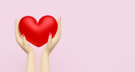 cartoon woman hands holding red heart with copy space isolated on pink background ,Concept 3d illustration or 3d render