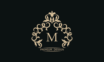 Premium linear logo with letter M. Elegant monogram company brand icon, boutique, heraldry.