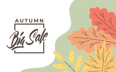 Autumn sale banner for advertising. Pattern with calligraphy and autumn leaves. Vector illustration in hand draw style